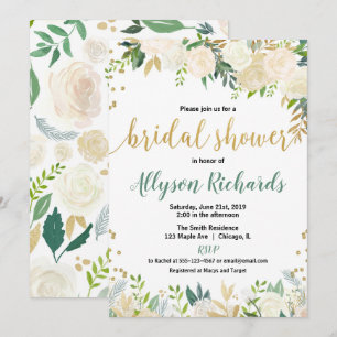 White and gold roses floral bridal wedding shower invitation