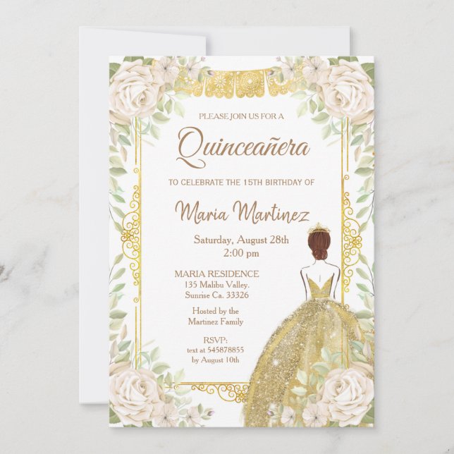 White and Gold Roses Quinceanera Birthday Invitation (Front)