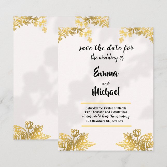 White and Gold Simple Elegant wedding invitation (Front/Back)