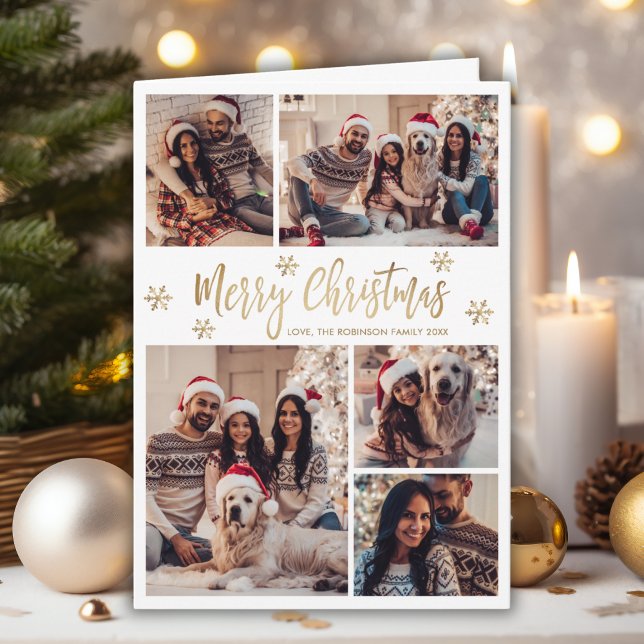 White and Gold Snowflake 6 Photo Collage Christmas Holiday Card (Creator Uploaded)