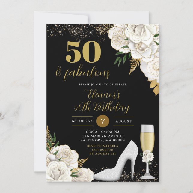 White and Gold Stiletto Heels Floral Birthday Invitation (Front)