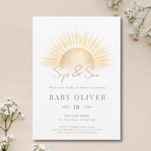 White and Gold Sunshine Gender Neutral Sip And See Invitation