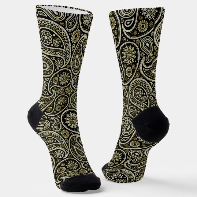 White and gold texture paisley pattern socks (Angled)
