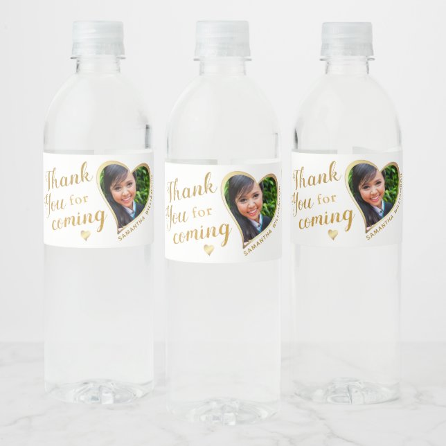White and Gold Thank You Photo 2025 Graduation Water Bottle Label (Bottles)