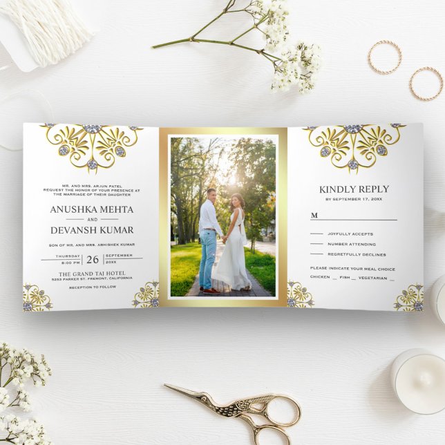 White and Gold Traditional Mandala Indian Wedding Tri-Fold Invitation (Creator Uploaded)