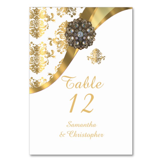 White and gold vintage damask wedding table number (Front)