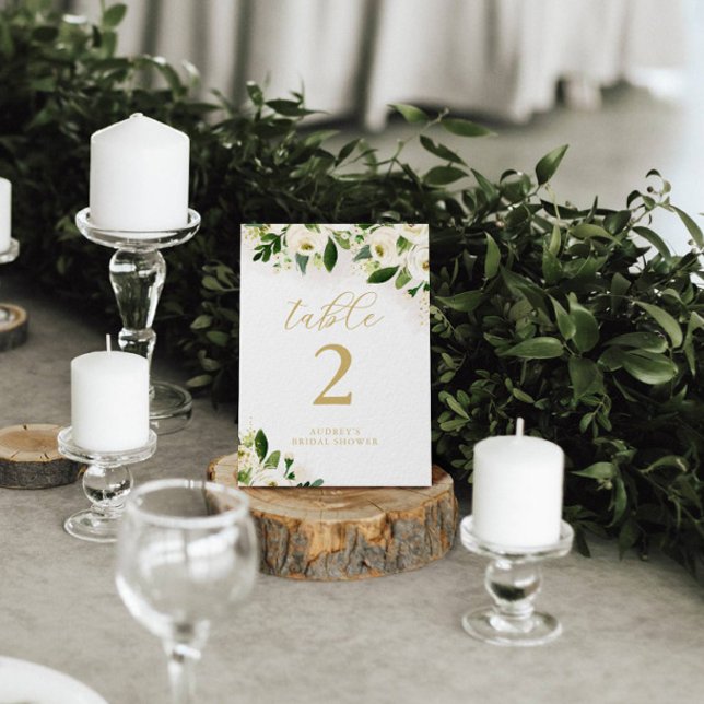 White and Gold Watercolor Floral Personalised Table Number (Creator Uploaded)