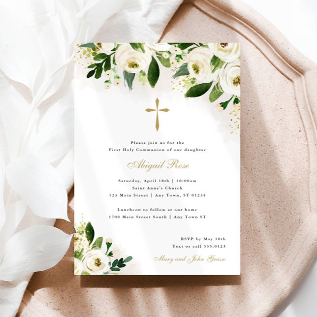 White and Gold Watercolor Floral Religious Cross Invitation (Creator Uploaded)