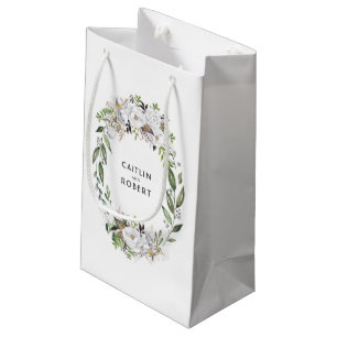 White and Gold Watercolor Flowers Wedding Small Gift Bag