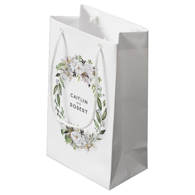White and Gold Watercolor Flowers Wedding Small Gift Bag (Back Angled)
