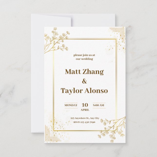 White and gold wedding invitation (Front)