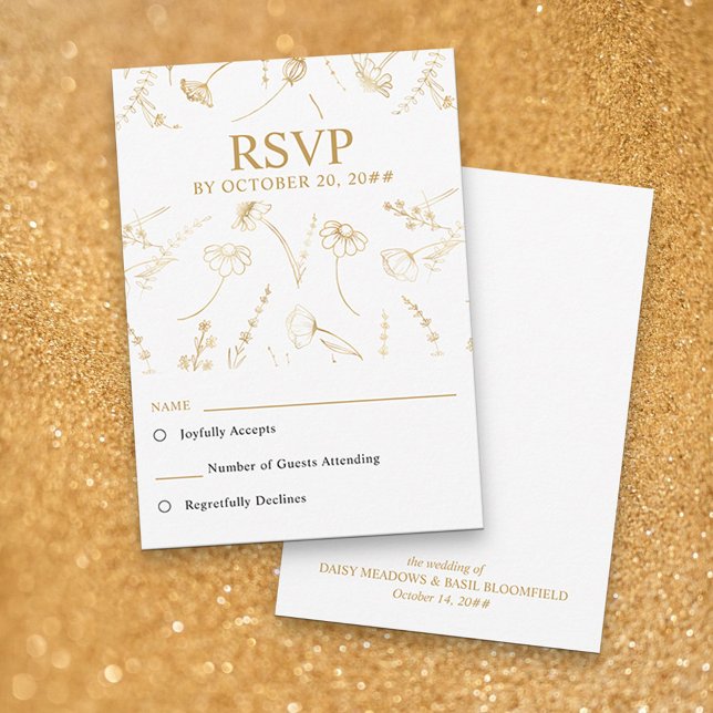 White and Gold Wildflower Sketch Wedding RSVP (RSVP Card in White & Gold, from my Wildflower Sketch collection)