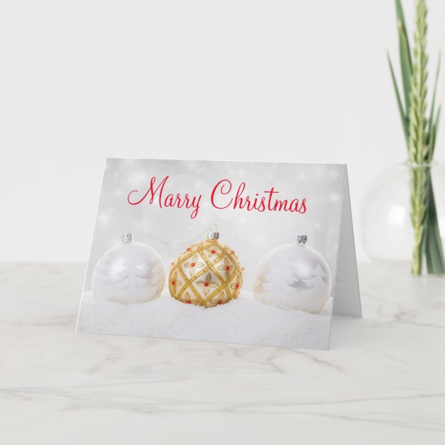 White and Golden Ball With Snow Merry Christmas Holiday Card (Front)