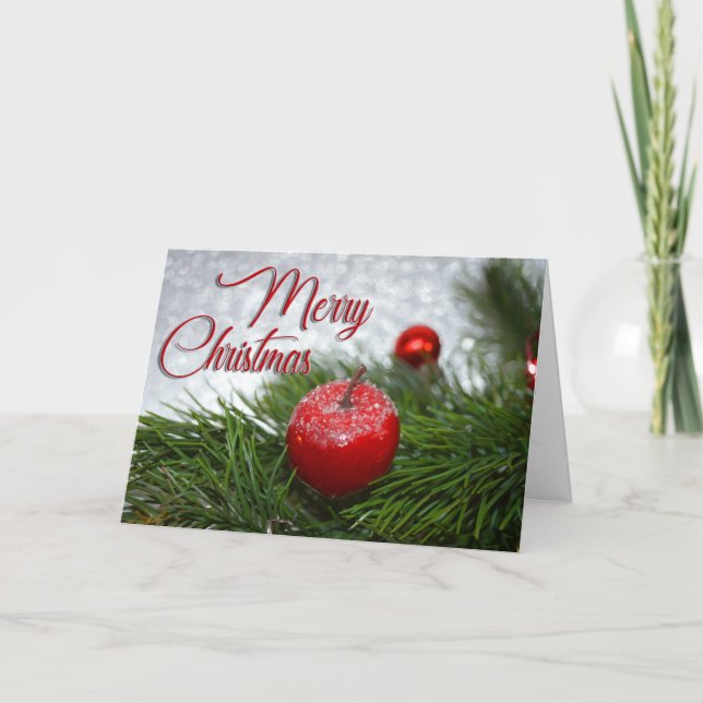 White and Golden Ball With Snow Merry Christmas Holiday Card (Front)