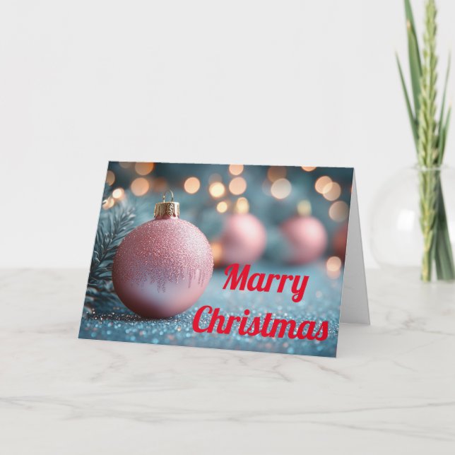 White and Golden Ball With Snow Merry Christmas Holiday Card (Front)