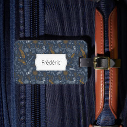 White and golden floral doodles in blue luggage tag