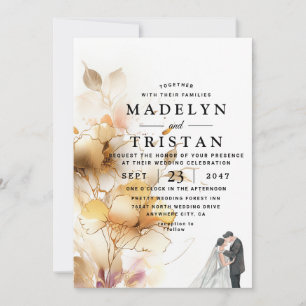 White and Golden Minimalist Rustic Floral Wedding Invitation