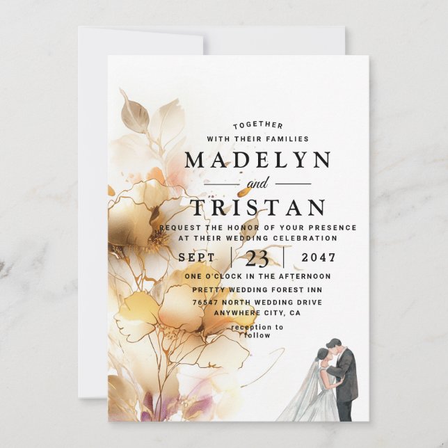 White and Golden Minimalist Rustic Floral Wedding Invitation (Front)