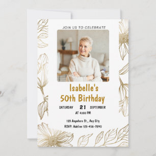 White And Golden Photo Floral Elegant Adult 50th Invitation