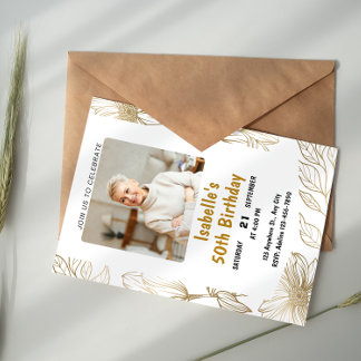 White And Golden Photo Floral Elegant Adult 50th Invitation