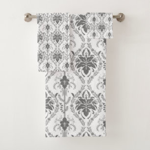 White and gray Damask openwork pattern Bath Towel Set