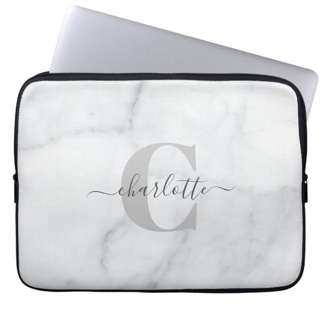 White and Gray Marble Personalized Monogrammed    Laptop Sleeve (Front)