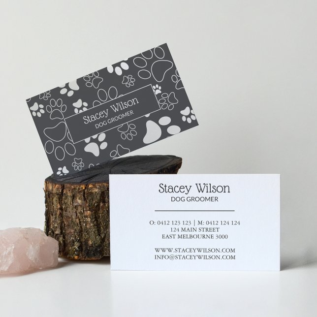 White And Gray Pet Groomer Paw Print Business Card (Creator Uploaded)