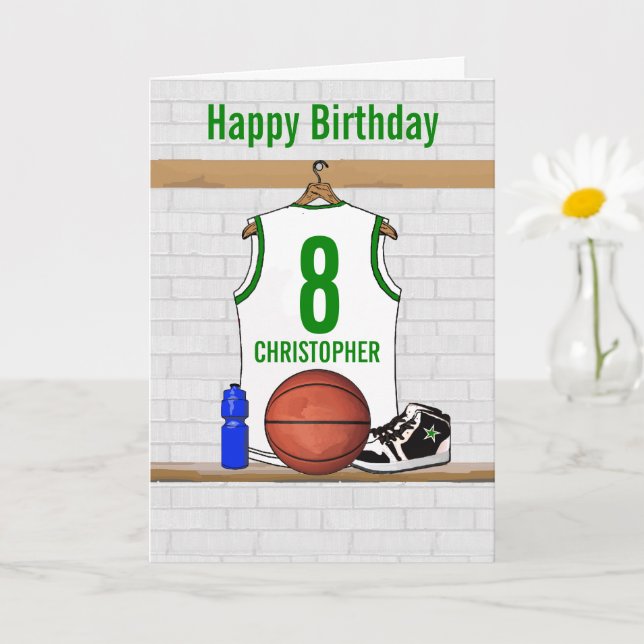 White and Green Basketball Jersey Birthday Card (Small Plant)