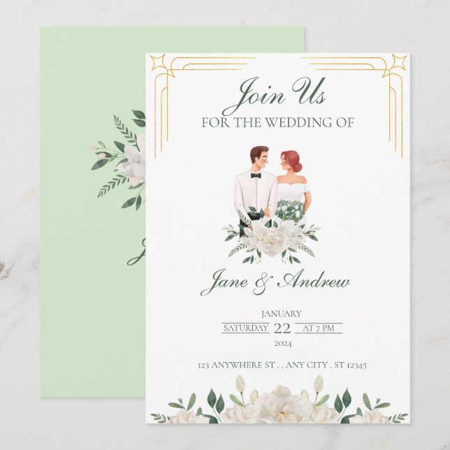 White And Green Boho Floral Wedding  Invitation (Front/Back)