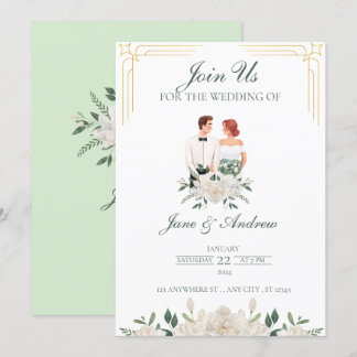 White And Green Boho Floral Wedding  Invitation