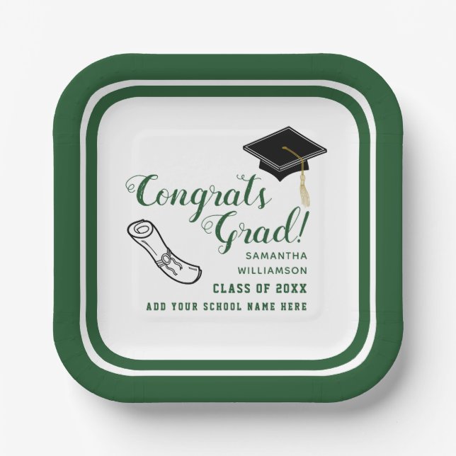 White and Green Class of 2025 Congrats Grad Paper Plate (Front)