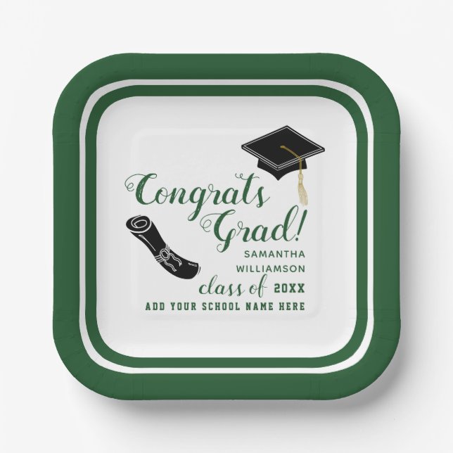 White and Green Class of 2025 Graduation Paper Plate (Front)