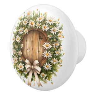 White and Green Daisy Door Wreath Ceramic Knob