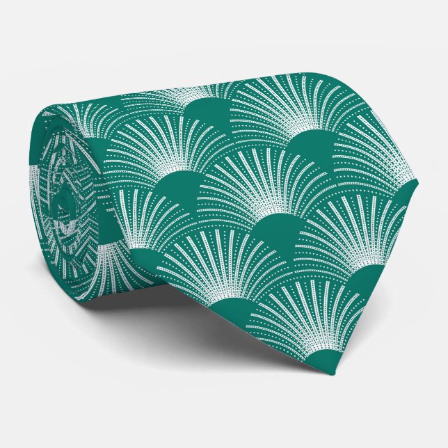 White and Green Floral Art Deco Pattern Tie (Rolled)