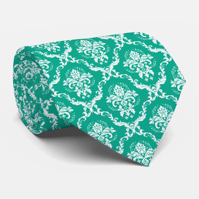 White and Green Floral Damask Pattern Tie (Rolled)