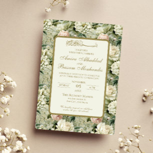 White and Green Floral Islamic Wedding Invitation