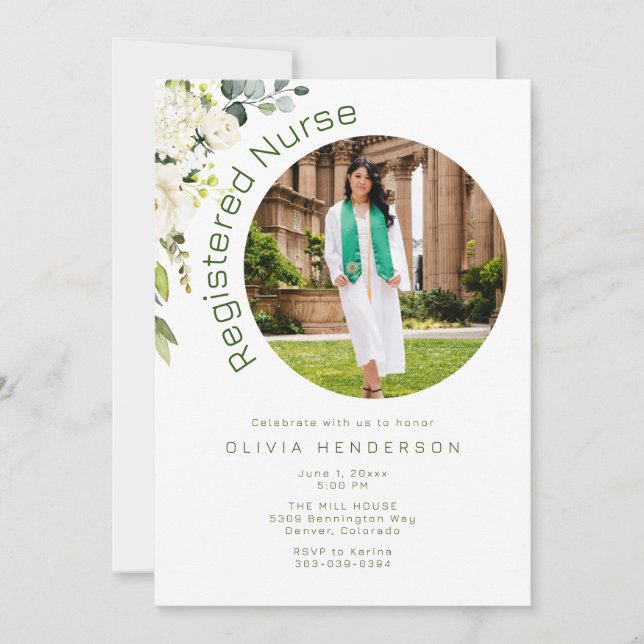 White and Green Floral Photo Graduation Invitation (Front)