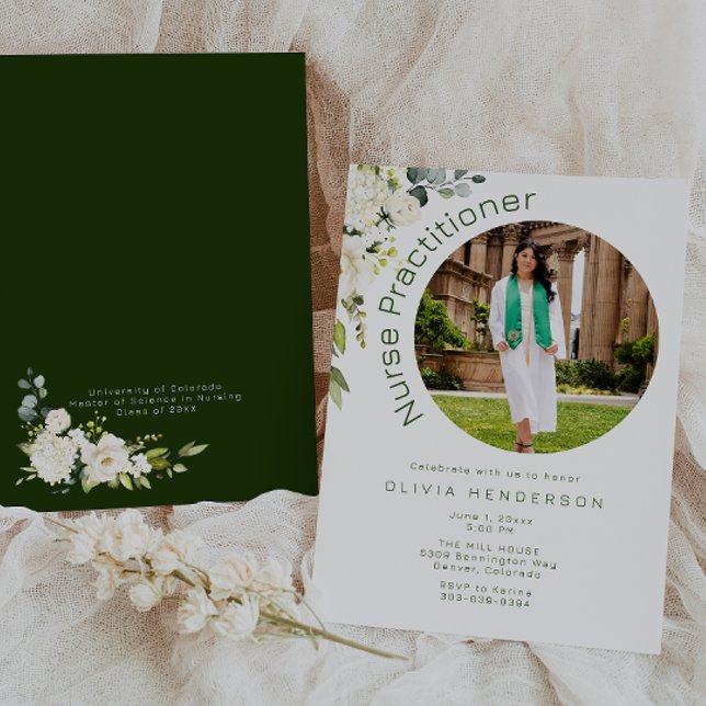 White and Green Floral Photo Graduation Invitation (Creator Uploaded)