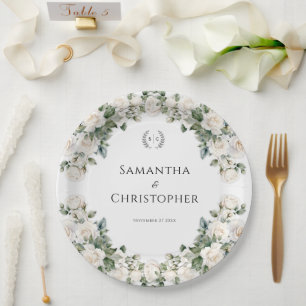 White and Green Floral Wedding  Paper Plate