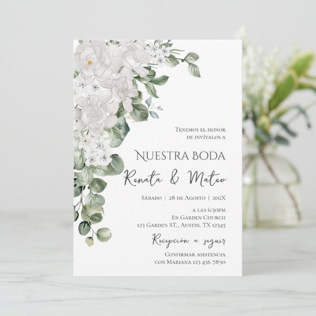 White and Green Flores wedding invitation (Standing Front)