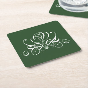 White and Green Flourish Rose Square Paper Coaster