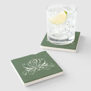 White and Green Flourish Rose Stone Coaster