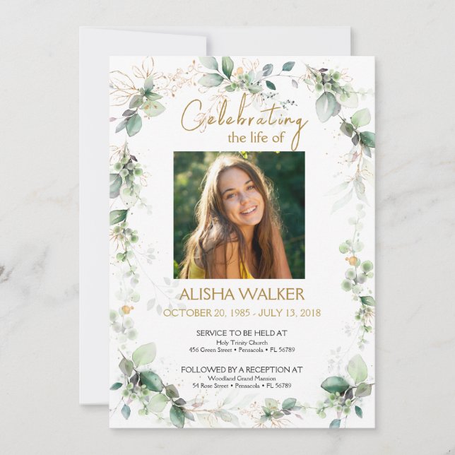 White and Green Foliage Photo Memorial Service  Invitation (Front)