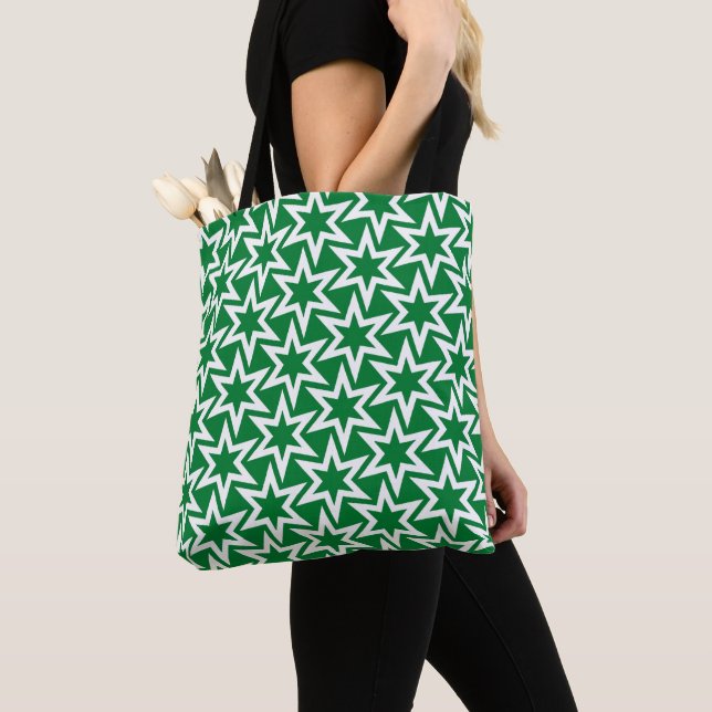 White and Green Geometric Star Pattern Tote Bag (Close Up)