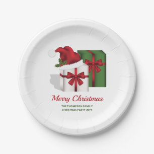 White And Green Gift Boxes With A Santa Hat Paper Plate