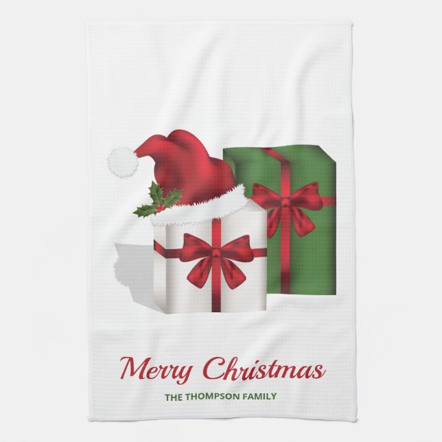 White And Green Gift Boxes With A Santa Hat Tea Towel (Vertical)