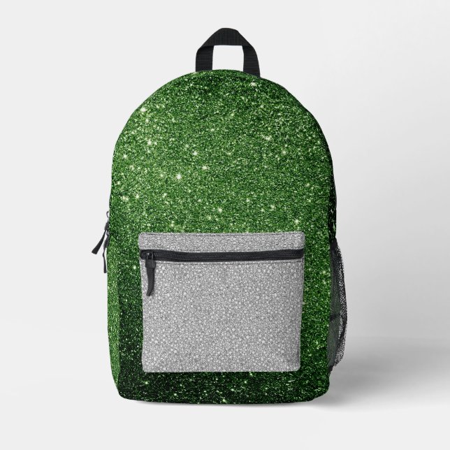 White and Green Glitter  Printed Backpack (Front)