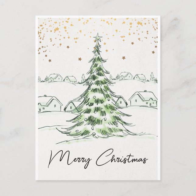 White and Green Hand drawn Cute Merry Christmas Postcard (Front)
