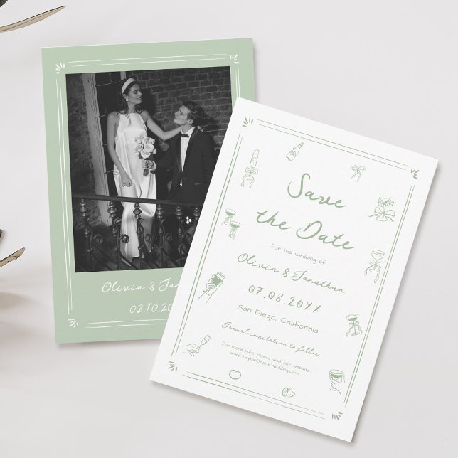White and Green Hand Drawn Wedding Save the Date Invitation (Creator Uploaded)