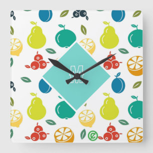 White and Green Monogram Colourful Fruits Birthday Square Wall Clock